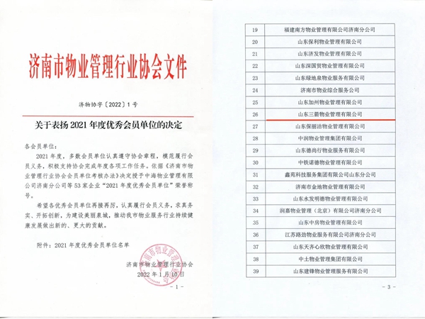 雙倍榮譽！山東三箭物業(yè)管理有限公司榮獲物業(yè)協(xié)會 “年度優(yōu)秀會員單位”
